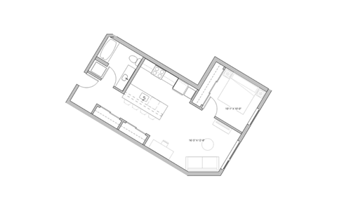 Floor plan for 1 bed, 1 bath, 715 sqft